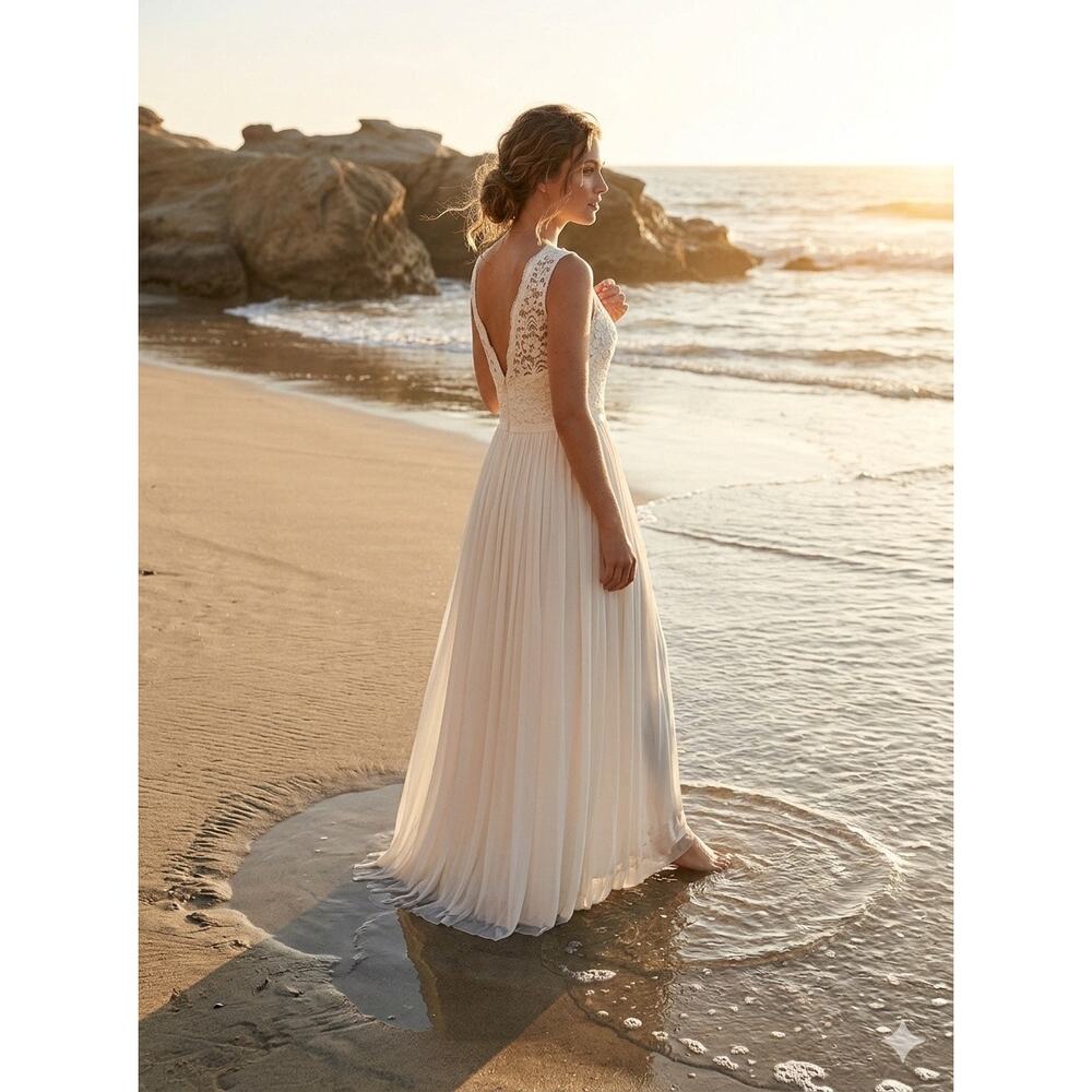 Davids Bridal Wedding dress boho-chic beach bkyard wedding ivory chiffon Plus sz - Picture 1 of 16